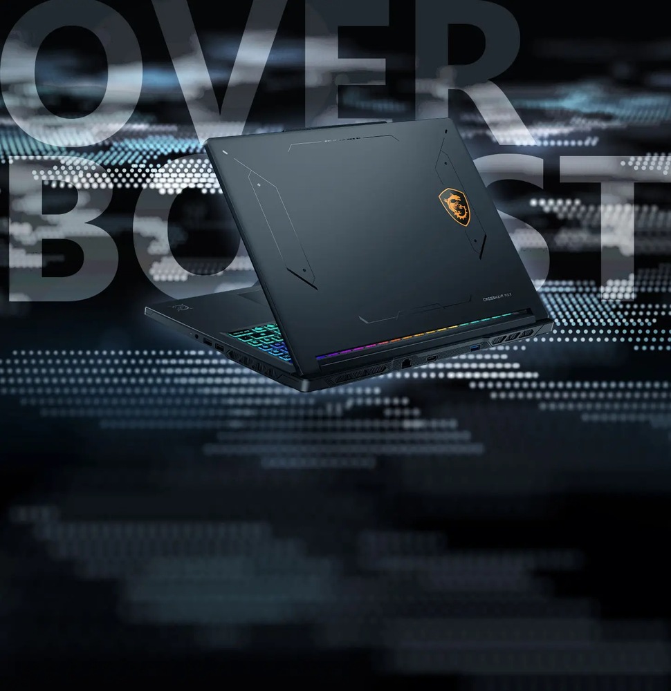 Notebook MSI Crosshair 16 Max HX E2WGXK-056CZ čierny Pohľad zozadu na MSI Crosshair 16 Max HX E2W s otvoreným vekom a čiastočne viditeľnou farebne podsvietenou klávesnicou pred nápisom MSI Cooler Boost