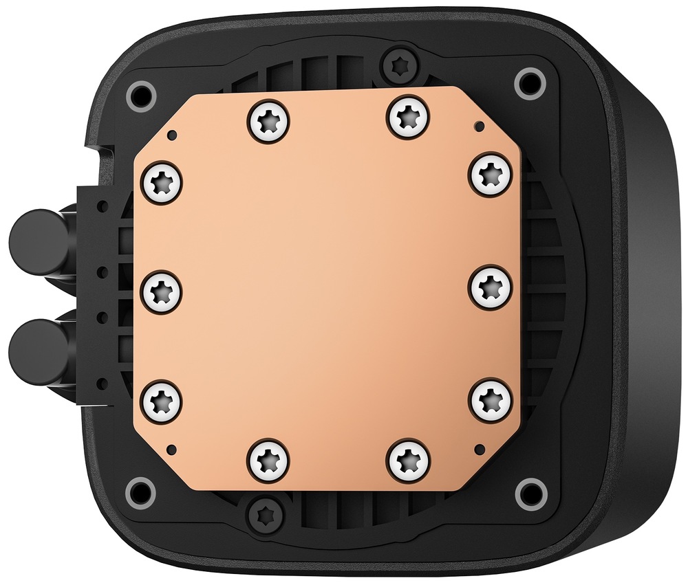 Vodný chladič DeepCool LE360 V2 čierny Na snímke je zachytená spodná časť pumpy, ktorá má medený podklad pre lepší odvod tepla.