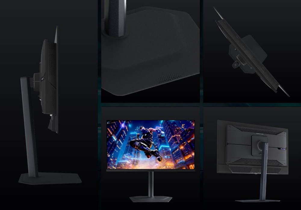Koláž elegantného čierneho herného monitora zobrazeného z rôznych uhlov, s dôrazom na jeho štíhly profil, texturovanú základňu a displej s 3D grafikou.
