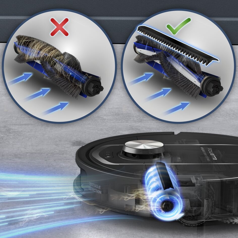 Robotický vysávač Rowenta X-Plorer S575 Max Wet & Dry 10000 PA RR95A5E0 čierny Porovnanie klasickej kefy s namotanými vlasmi a kefy bez namotávania vysávača Rowenta RR95A5E0