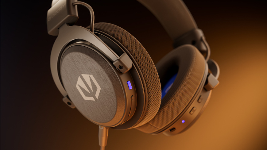 Headset ENDORFY VIRO Infra Wireless Alt Grey sivý Detailný záber na mušle, tlačidlá a konektory headsetu ENDORFY VIRO Infra Wireless Alt Grey