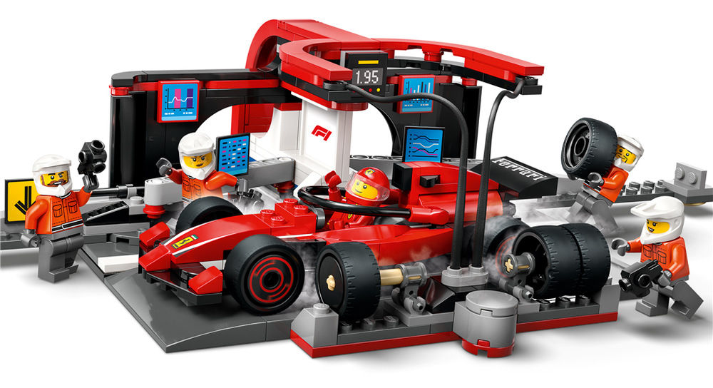 Stavebnica LEGO® City 60443 Zastávka v boxech F1® a personál s vozem Ferrari Pretekárske vozidlo Ferrari a minifigúrka vodiča umožňujú opakovane rozohrávať zastávky od príchodu až po odchod.