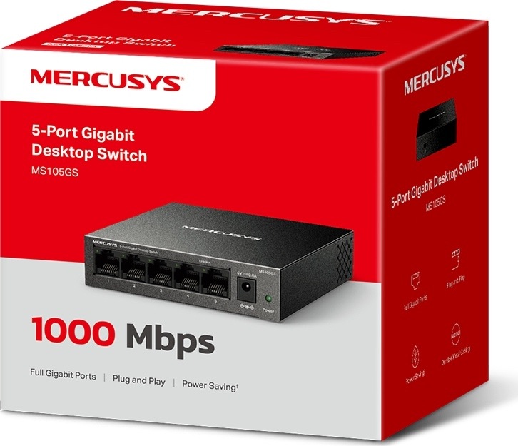 Switch Mercusys MS105GS (MS105GS) čierny Červeno-biela krabica switcha Mercusys MS105GS s vyobrazením produktu a údajmi o piatich gigabitových portoch a rýchlosti 1 000 Mbit/s.