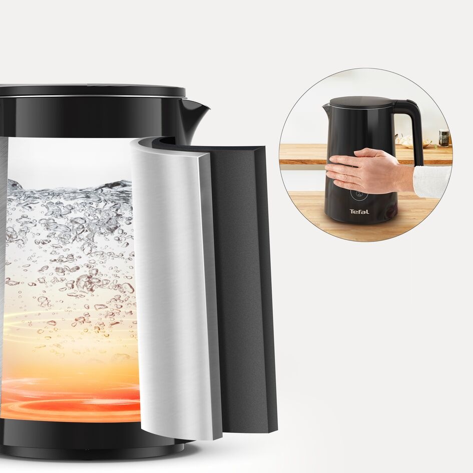 Rýchlovarná kanvica Tefal KO6518E0 Thermo Protect 1,5 l čierna Chladný vonkajší povrch kanvice Tefal KO6518E0 Thermo Protect