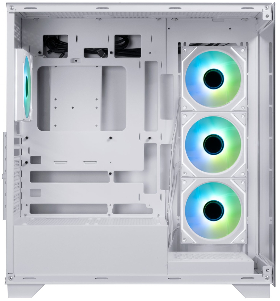 Case BitFenix CETO Premium biela Bočný pohľad do skrine. Vidíme pozície na usadenie komponentov a štyri usadené ventilátory.