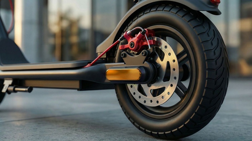 Elektrická kolobežka Sencor SCOOTER S31 čierna Detail zadného kolesa elektrickej kolobežky Sencor SCOOTER S31 ukazuje kotúčovú brzdu s červeným brzdovým strmeňom a robustnú pneumatiku. Konštrukcia bicykla pôsobí pevne a pripravene na každodennú jazdu po meste.