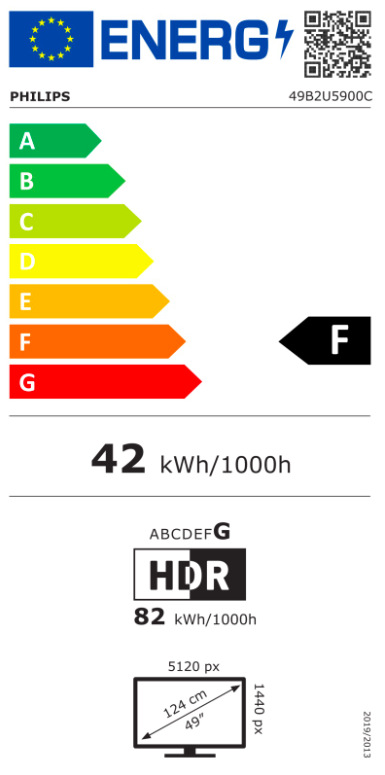 Energetický štítok monitora Philips 49B2U5900C s triedou F a spotrebou 42 kWh za 1000 hodín