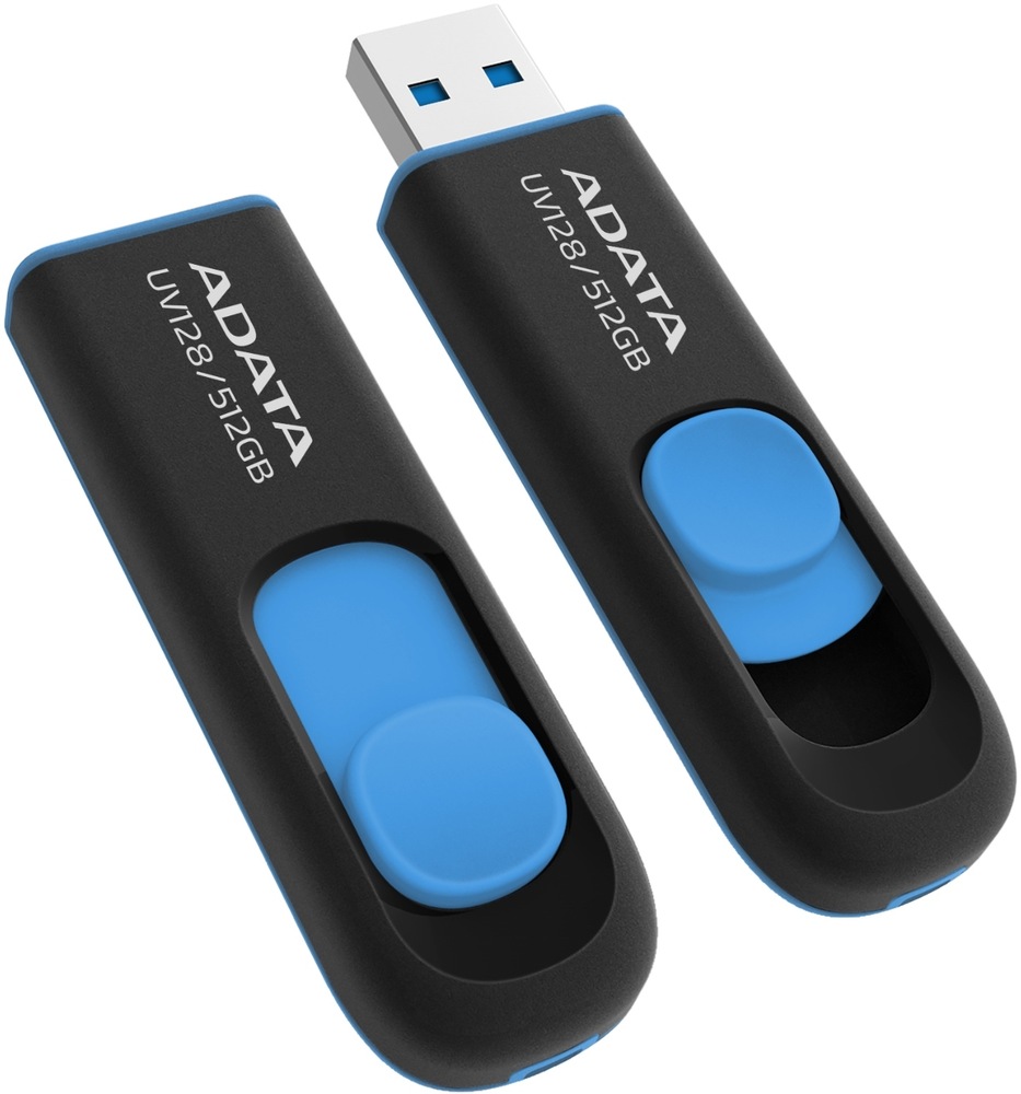 USB flashdisk ADATA Dash Drive UV128 512GB čierny/modrý Flash disk ADATA Dash Drive UV128 s vysunutým a schovaným konektorom