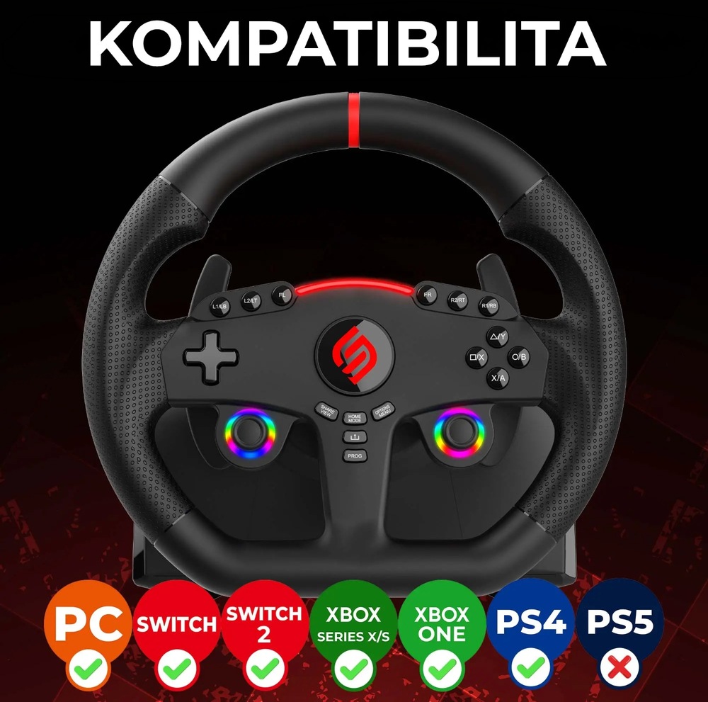 Čierny herný volant s farebnými tlačidlami a logom uprostred. Text spoločne s ikonami a zaškrtávacími políčkami PC, Switch, Xbox a PS5 vyjadruje kompatibilitu s rôznymi hernými platformami.