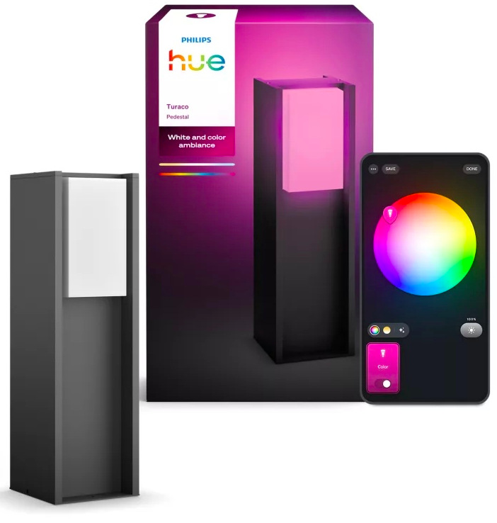 Svietidlo vonkajšie Philips Turaco Hue pedestal 1xA60 WCA hliník/antracitová farba Svietidlo Philips Turaco Hue vedľa balenia a telefónu s výberom farby svetla