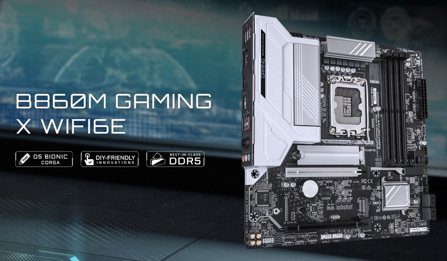 Základná doska GIGABYTE B860M GAMING X WIFI6E Produktový vizuál základnej dosky Gigabyte B860 GAMING X WIFI6E s dôrazom na herný dizajn