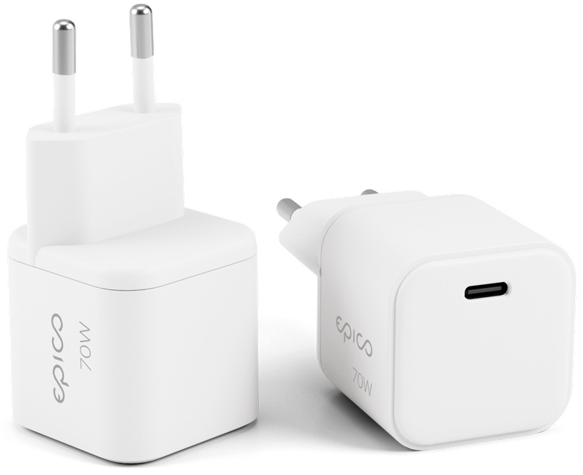 Nabíjačka do siete Epico UltraBoost Micro AVS GaN 70W biely Napájací adaptér Epico UltraBoost Micro AVS GaN 70 W zobrazený z viacerých uhlov s USB-C portom