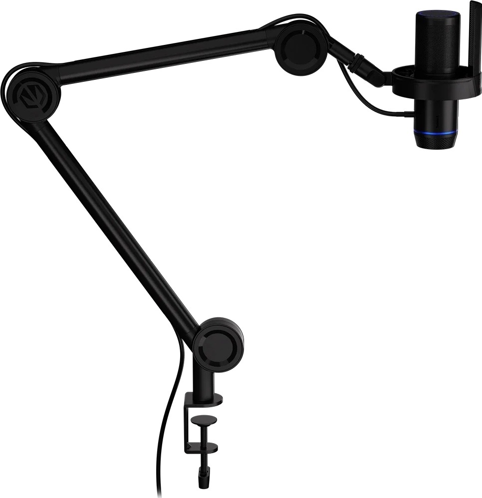 Bočný pohľad na čierny mikrofón ENDORFY Solum 2 s pop filtrom a modrou LED na plne rozloženom stolnom ramene s C-svorkou.
