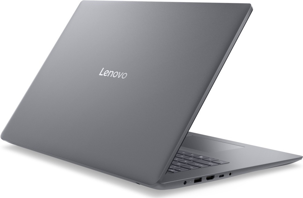 Notebook Lenovo IdeaPad Slim 3 17IWC11 sivý Notebook Lenovo zozadu s čistým šedým vekom a viditeľnou konektorovou výbavou