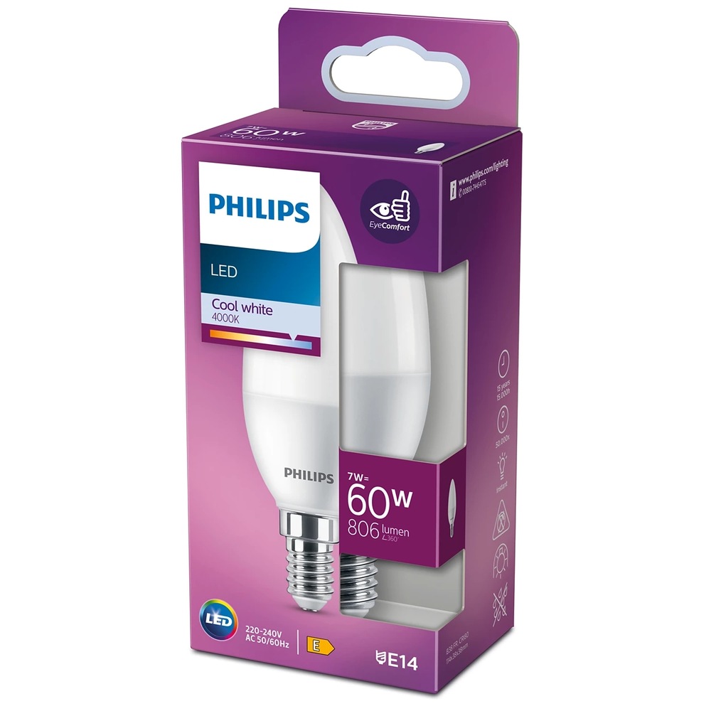 LED žiarovka Philips sviečka, 7W, E14, studená biela LED žiarovka Philips sviečka, 7W, E14, studená biela