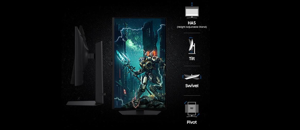 Herný monitor Samsung Odyssey G7 (G70F) čierny Počítačový monitor zobrazuje živý sci-fi obraz robotického bojovníka v mestskej krajine. Bočné pohľady ilustrujú jeho možnosti nastavenia: výšky, náklonu, otáčania a režimu pivot, zvýraznené ikonami.