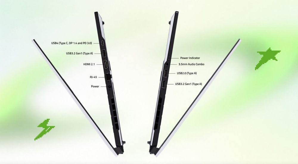 Notebook GIGABYTE AERO X16 1WH93CZC64AH čierny/sivý Dva notebooky zobrazené z profilu, otvorené v širokom uhle, na zelenom pozadí s prechodom. Ľavý notebook má označené porty: USB4, USB 3.2, HDMI 2.1, RJ-45 a napájanie. Pravý notebook má indikátor napájania, kombinovaný audio konektor, USB 2.0 a USB 3.2. Na oboch stranách sú viditeľné zelené ikony blesku.