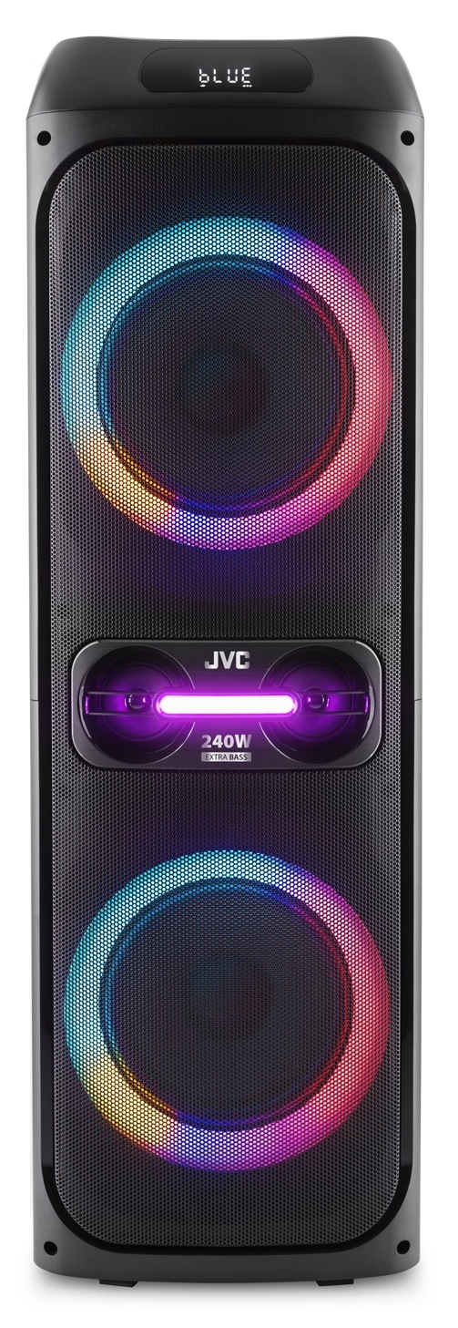 Čelný pohľad na čierny párty reproduktor JVC XS-EP624B so zapnutými svetelnými efektmi