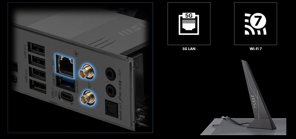 Základná doska MSI PRO B850-P WIFI LAN a Wi-Fi 7 zaistia spoľahlivú bezdrôtovú aj káblovú konektivitu
