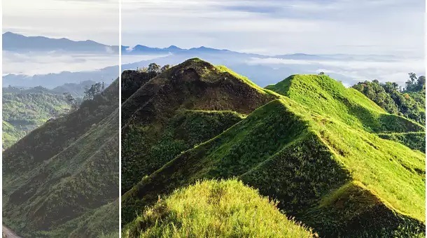 Žiarivo zelené kopce pod jasnou oblohou rozdeľujú obraz a kontrastujú s tmavšou, hmlistou ľavou stranou. Scéna vyjadruje pokoj a prírodnú krásu.