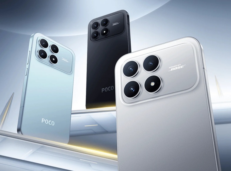 Mobilný telefón Poco F8 Pro 5G 12 GB / 512 GB modrý Detail obrázku s farebnými variantmi telefónu.