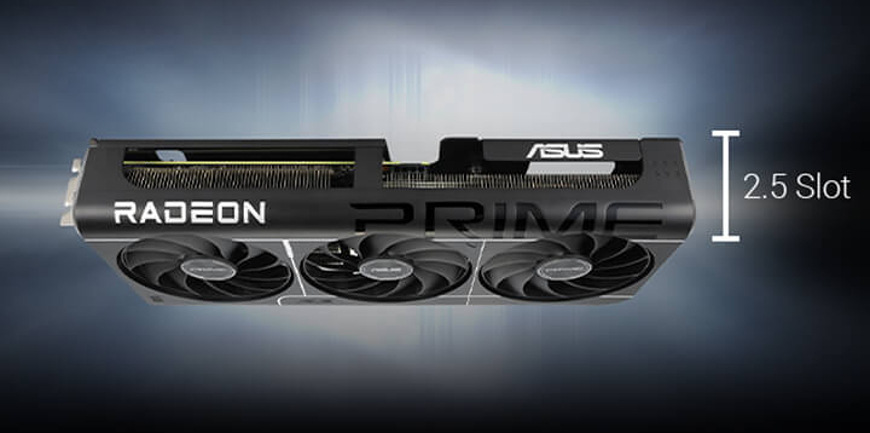 Grafická karta Asus Prime AMD Radeon RX 9060 XT OC 16GB čierna Bočný pohľad na Asus Prime RX 9060 XT s tenkým 2,5 slotovým designom pre flexibilné zostavy