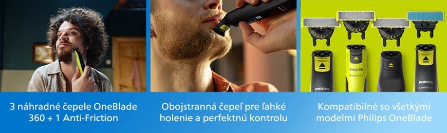 Koláž náhradných hlavíc Philips QP945/50 OneBlade zobrazujúca použitie pri holení, obojstranný brit pre presnú úpravu a kompatibilné nástavce pre rôzne modely OneBlade.