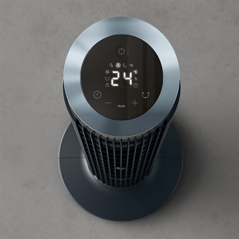 Ventilátor stĺpový Rowenta VU7050F0 Eole Silence Force+ modrý Horný panel ventilátora Rowenta VU7050 s LED displejom zobrazujúcim teplotu 24 °C.