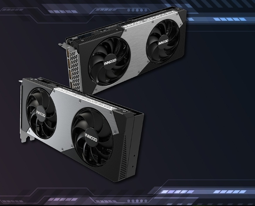 Dvojica grafických kariet INNO3D RTX 5060 Ti Twin X2 v hernom štýle zobrazenia