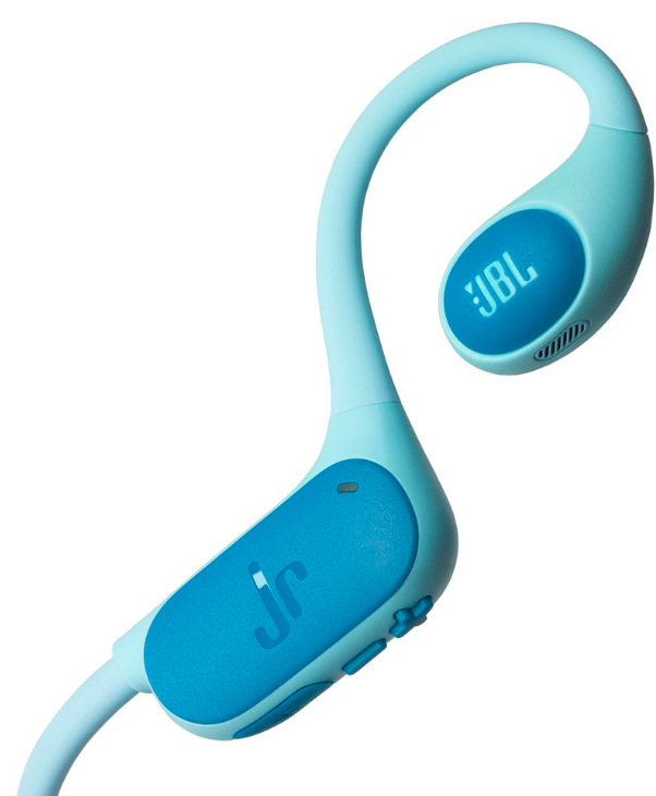 Slúchadlá JBL Junior FREE modrá/zelená Detail ovládacích tlačidiel a mikrofónu pri slúchadlách JBL Junior FREE pre jednoduché použitie