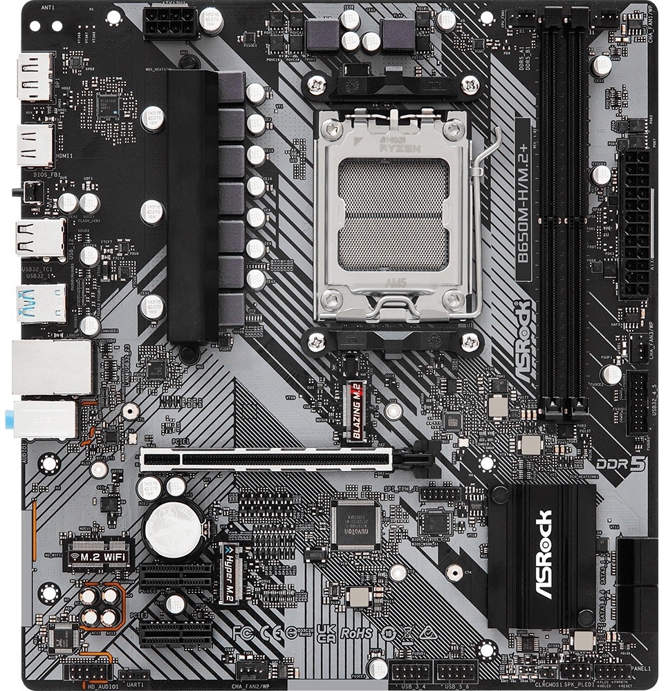 Základná doska ASRock B650M-H/M.2+ Hore je pätica AMD AM5 pre procesor, vedľa nej dva dlhé sloty DDR5. Dole je jeden dlhý PCIe x16 pre grafiku a dva krátke PCIe x1. Uprostred sú dve pozície M.2 pre SSD, na boku štyri SATA konektory. Na okrajoch sú napájacie konektory, konektory pre ventilátory a blok zadných portov (USB, LAN, HDMI/DP).