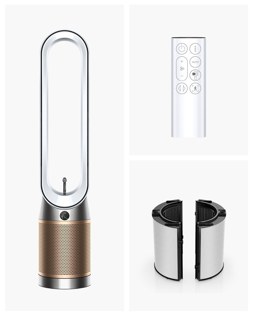 Čistička vzduchu Dyson Find+Follow™ Cool PC3 TP14 biela/zlatá Čistička vzduchu Dyson s diaľkovým ovládačom a HEPA filtrom, zostava.