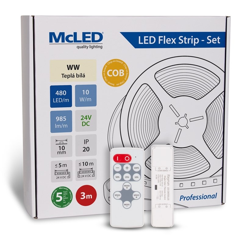LED pásik McLED súprava 3 m + Prijímač Nano, 480 LED/m, WW, 985 lm/m, vodič 3 m