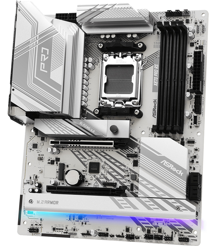 Základná doska ASRock X870 PRO RS Základná doska ASRock X870 PRO RS v bielom prevedení s päticou AM5 a masívnymi chladičmi