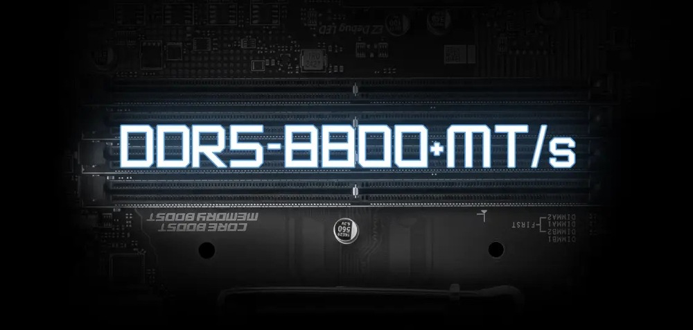 Základná doska MSI PRO B860-P Obrázok ukazuje základnú dosku počítača s osvetleným štítkom DDR5-8800+ MT/s na slote RAM, ktorý označuje vysokorýchlostnú pamäťovú kapacitu.