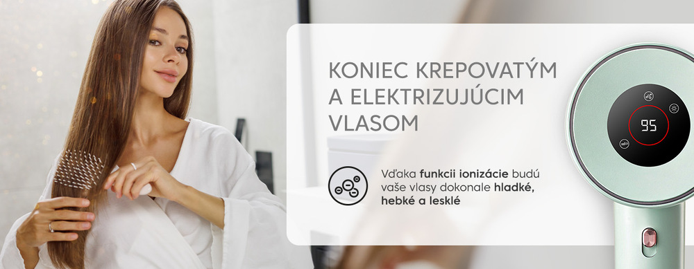 Pohľad na zelený fén na vlasy ETA Fenité Pastels s dvoma vymeniteľnými magnetickými nástavcami: otočným koncentrátorom pre precízne fúkanie a difuzérom pre objem