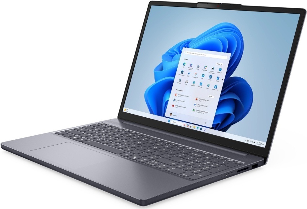 Notebook Lenovo IdeaPad Slim 3 15ARP10 sivý Pohľad na ľavú stranu notebooku Lenovo IdeaPad Slim 3 vybaveného webkamerou