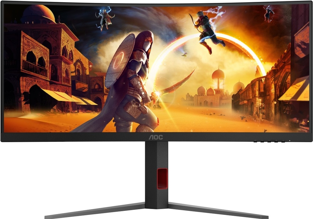Herný monitor AOC CU34G4Z čierny Čelný pohľad na ultrawide monitor AOC CU34G4Z so zakriveným panelom, rýchlym obnovovaním aj odozvou