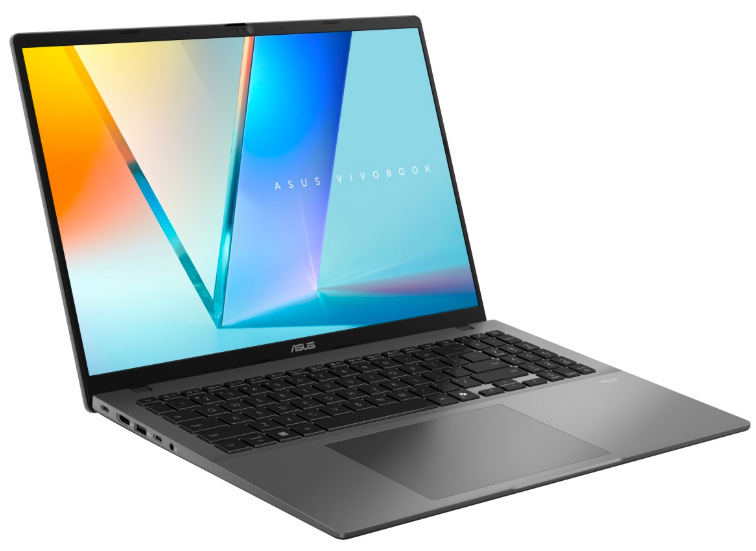 Notebook Asus Vivobook S16 sivý ASUS Vivobook S16 z ľavého uhla s klávesnicou, touchpadom a 16″ displejom