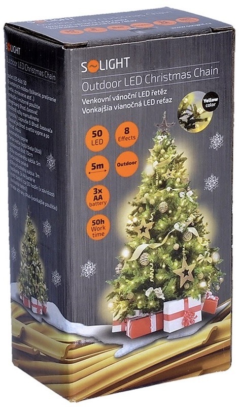 Vianočné osvetlenie Solight reťaz, 50LED, 5+3 m, 8 funkcií, IP44. 3x AA, teplá biela