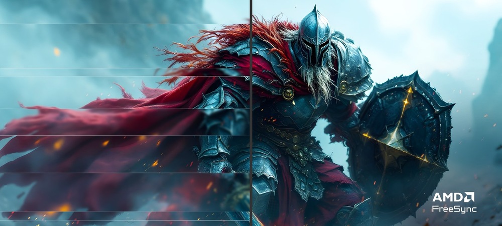 Porovnanie dvoch častí obrazu – na ľavej vidíme obrazové artefakty a trhanie, zatiaľ čo pravá strana s logom AMD FreeSync je úplne čistá a detailná. Scéna zobrazuje fúzatého fantasy rytiera v plátovom brnení so štítom so svietiacimi ornamentmi.