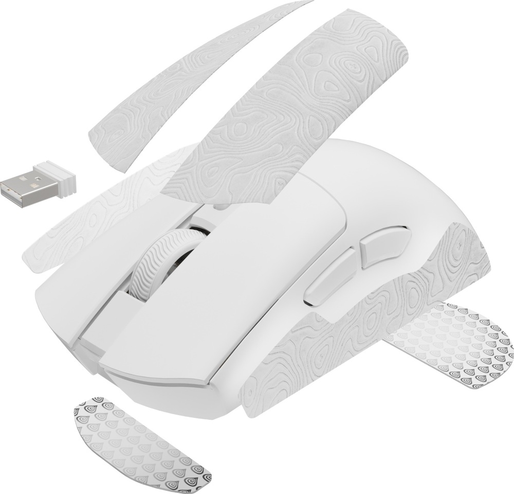 Biela myš Genesis Zircon 880 obklopená príslušenstvom. Zobrazené sú samolepiace diely Grip Tape pre hlavné tlačidlá a boky, náhradné klzáky na spodnú stranu a malý USB prijímač.