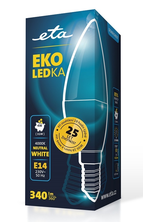 LED žiarovka ETA EKO LEDka sviečka 4W, E14, neutrálna biela žiarovka ETAC37W7NW01, LED technológia, úspora