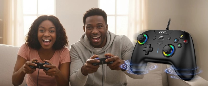 Gamepad Genius GX Gaming GX-23UV čierny Smejúci sa muž a žena na gauči hrajú s pomocou ovládača Genius GX Gaming GX-23UV