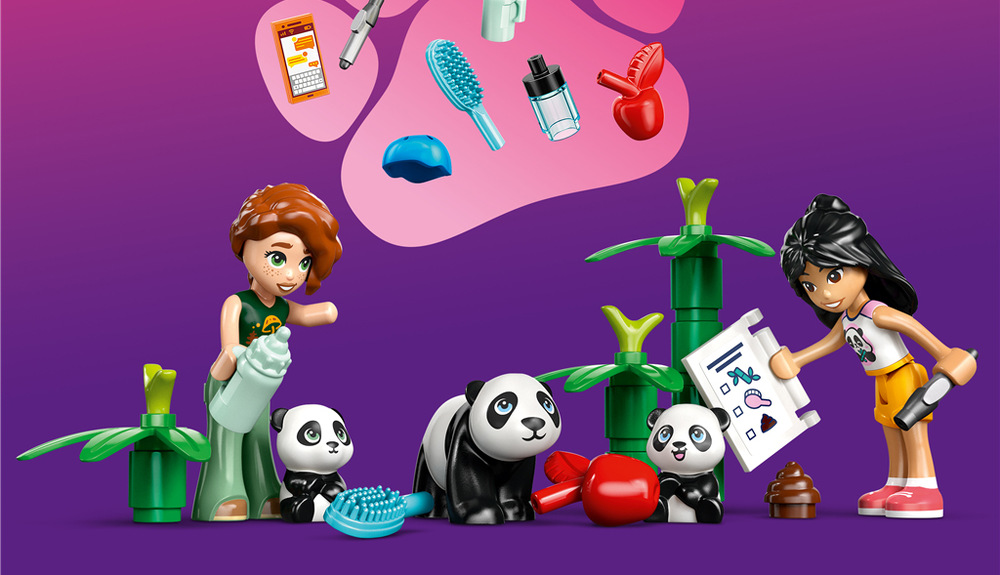 Stavebnica LEGO® Friends 42648 Starostlivosť o zvieratká v útulku pre pandy Domček na strome ukrýva záchrannú stanicu pre pandiu mamu a jej dve mláďatá, o ktoré sa deti starajú spoločne s Autumn a Liann
