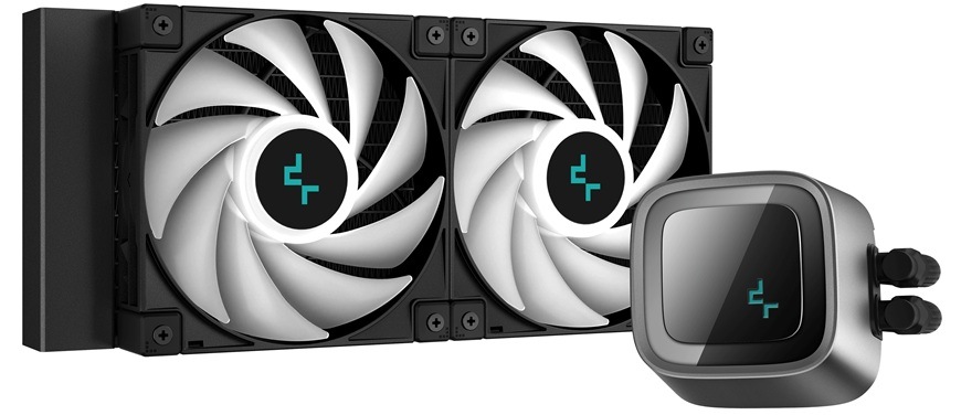Vodný chladič DeepCool LS520 čierny Detail chladiča s bielym podsvietením.