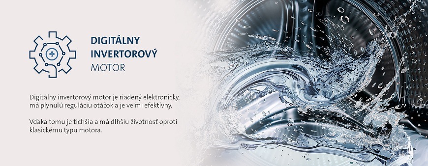 Digitálny invertorový motor práčky ETA 388190001AD s plynulou reguláciou otáčok. Zaisťuje tichšiu prevádzku a dlhšiu životnosť spotrebiča oproti klasickým motorom