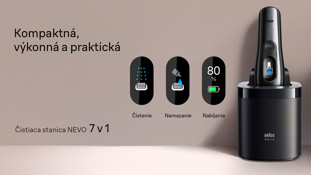 Na obrázku sa nachádza holiaci strojček Braun NEVO17010C, ktorý je umiestnený v inteligentnom čistiacom a ošetrujúcom systéme Nevo 7v1.