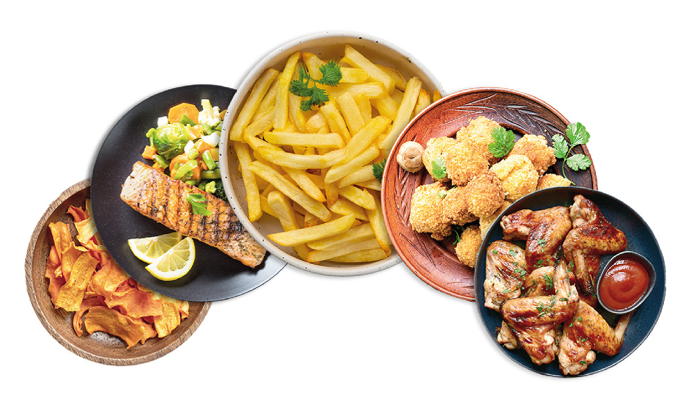 Fritéza teplovzdušná Beko FRL6488 čierna Päť tanierov s rozmanitými jedlami, ako sú vyprážané hranolky, pečené kuracie krídla, pečená ryba a zelenina.