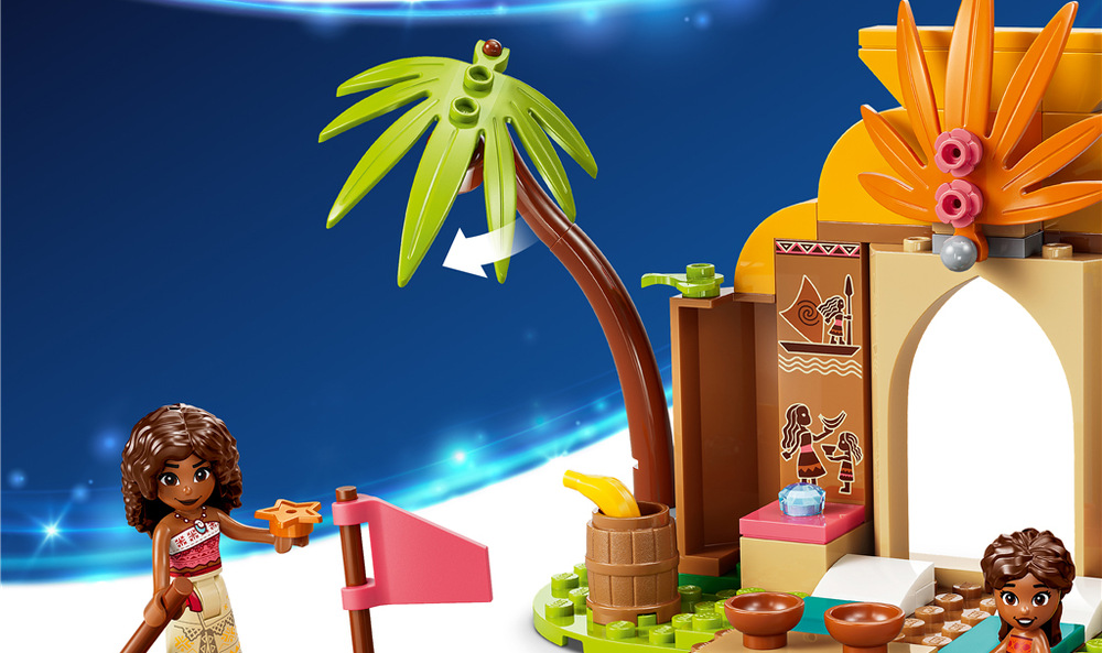 Stavebnica LEGO® │ Disney 43282 Vidiecky dom a čln Postele, jedlo, bubon, ryba aj ďalšie doplnky prinášajú deťom množstvo inšpirácie pre nové príbehy z tropického ostrova.
